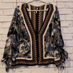 Free People Women's Size L Cardigan Top Button Front Tie Sleeve Boho Peasant